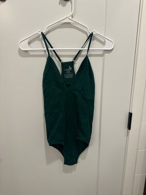 Free People Forest Green V-Neck Ribbed Bodysuit